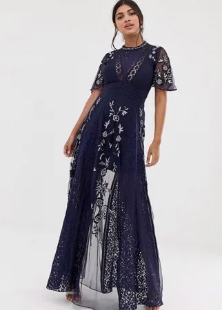 Темно-синее кружевное платье макси с вышивкой Amelia Rose-Темно-синий