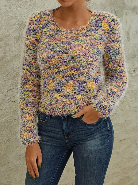 Разноцветный пуловер с круглым вырезом и длинными рукавами для Женское