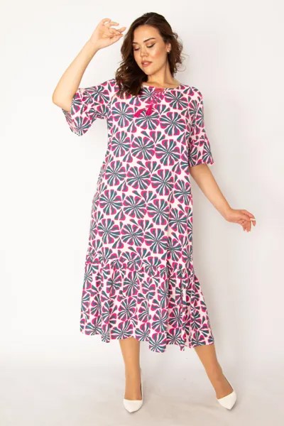 Женское многоуровневое платье большого размера из разноцветной вискозной ткани с воротником на шнуровке и подолом 65n33878 Şans, разноцветный