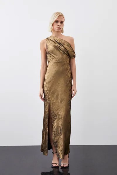 Тканое платье макси на одно плечо премиум-класса с металлизированной отделкой и рюшами Karen Millen, золото