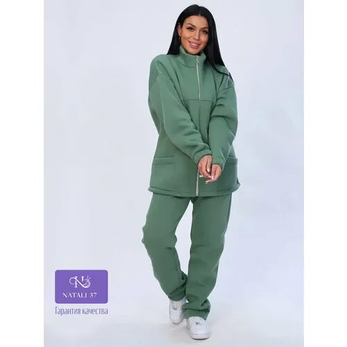 Костюм Натали, джемпер и брюки, спортивный стиль, свободный силуэт, карманы, размер 48, зеленый