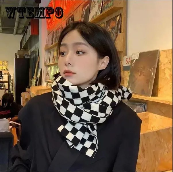 Черно-белая шахматная доска Клетчатый шарф Зимние корейские студенты Все матчи Теплый вязаный шарф