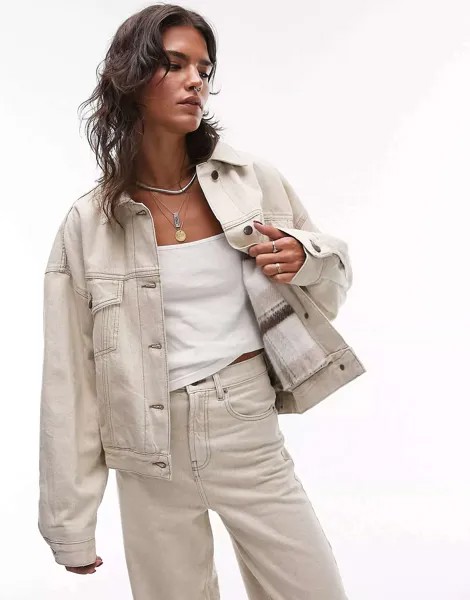 Джинсовая куртка-баллон Topshop с клетчатой ​​подкладкой цвета экрю