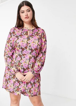 Чайное платье мини с объемными рукавами и цветочным принтом ASOS DESIGN Curve-Разноцветный