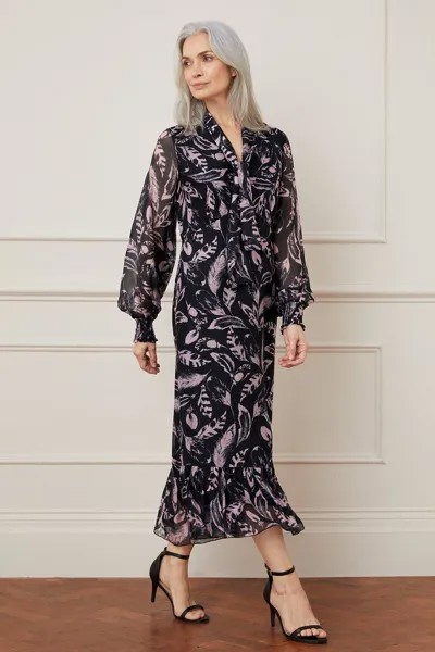 Платье миди из шелкового микса с принтом перьев и завязками на шее Wallis, розовый