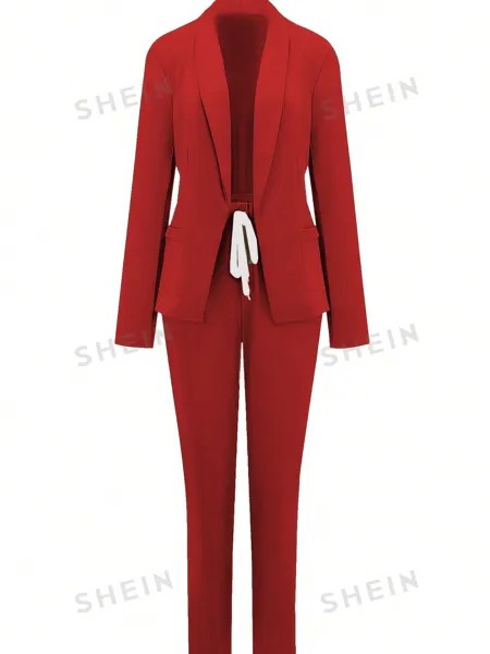Женский однотонный пиджак с длинными рукавами и брюки с шалевым воротником, красный