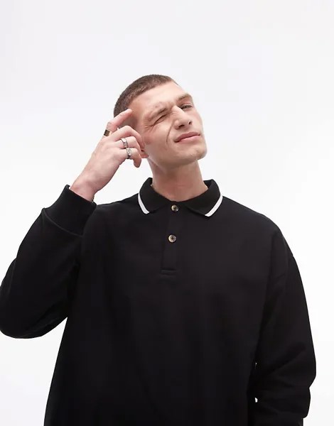 Topman – черная рубашка-поло оверсайз с контрастным воротником