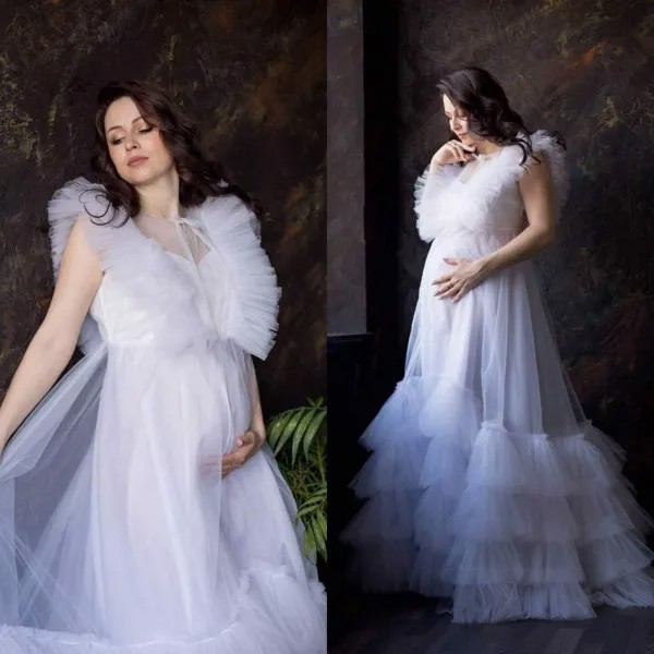 2022 белое Тюлевое блестящее платье с оборками для фотосессии платье большого размера для беременных халаты
