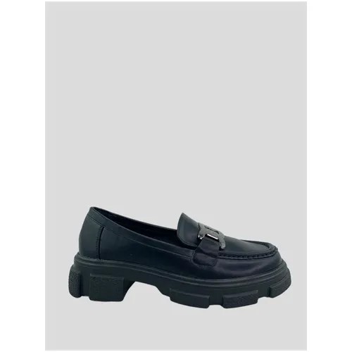 Лоферы женские туфли из экокожи на объемной высокой платформе с металлическими звеньями спереди (4838) Цвет: Черный. Размер: 39