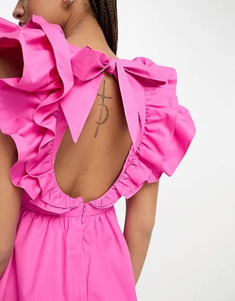 Розовое платье мини с вырезом на талии и оборками на рукавах Forever New
