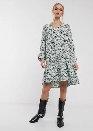 Платье мини с V-образным вырезом и цветочным принтом Essentiel Antwerp-Зеленый