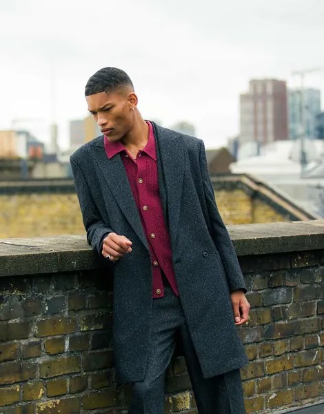 Черное пестрое пальто оверсайз из смесовой шерсти Topman