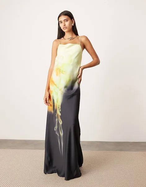 ASOS Edition – Платье макси с открытыми плечами на тонких бретелях с размытым цветочным узором 3r