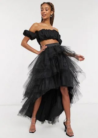 Черная многоярусная юбка из фатина с асимметричным нижним краем Chi Chi London Mercy-Черный