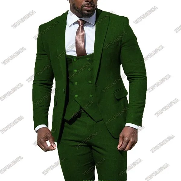 Мужской твидовый костюм из куртки, темно-зеленого цвета, пиджак с заостренным воротником, жилет и брюки, деловой смокинг, официальная одежда...