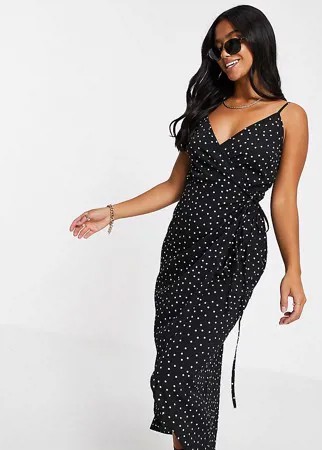 Черное платье макси на бретельках в горошек с запахом ASOS DESIGN Petite-Разноцветный
