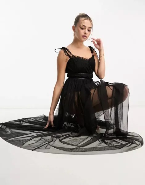 Черное прозрачное платье макси с подкладкой по телу Anaya