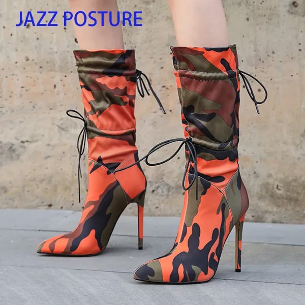 Женские туфли на высоком каблуке 11 см, на шпильке, модные камуфляжные сапоги до середины икры, женская сексуальная шикарная обувь, модель w353
