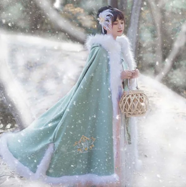 Женская накидка Hanfu, традиционная китайская зимняя теплая зеленая накидка с капюшоном, Женский карнавальный костюм Hanfu для косплея, подарок для женщин