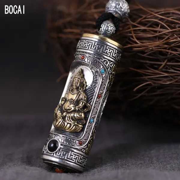 Новинка, ювелирные изделия BOCAI из настоящего серебра 100% пробы, ретро Подвески с мантрой из шести символов для мужчин и женщин, желтый Бог богатства, коробка Gawu, цепочка в комплекте