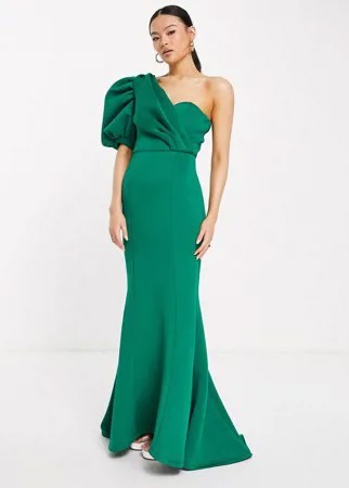 Изумрудно-зеленое платье макси с асимметричным пышным рукавом Jarlo Genevieve-Зеленый цвет