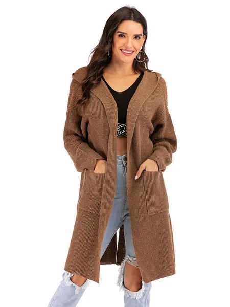 Milanoo Women\'s Sweaters Cardigans Coffee Brown Polyester Long Sleeves Hooded Winter Coats Outerwea