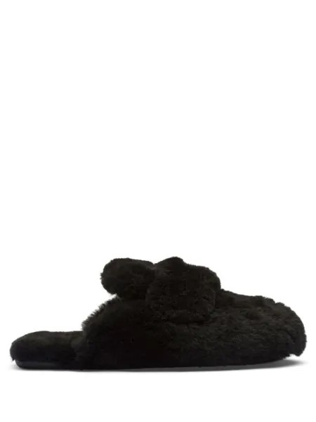 Prada меховые мюли с логотипом, черный