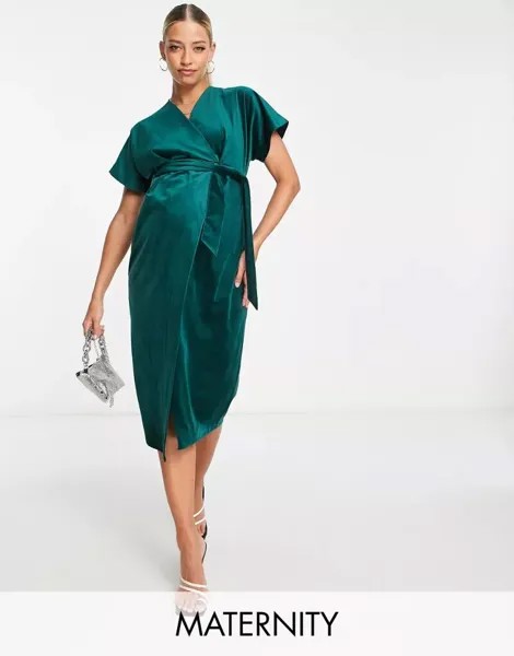 Изумрудно-зеленое платье миди с запахом и рукавами-кимоно Closet London