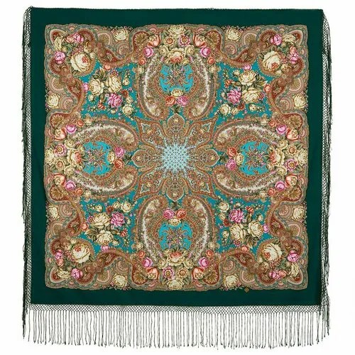 Платок Павловопосадская платочная мануфактура,148х148 см, горчичный, розовый