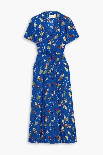 Длинное платье-рубашка миди из шелкового крепдешина с принтом Maria HVN, синий