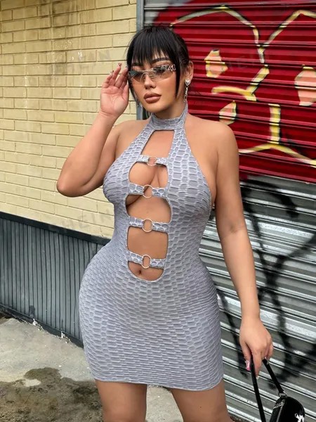 SHEIN SXY Летнее облегающее мини-платье в уличном стиле с вырезом на шее и открытой спиной, серый