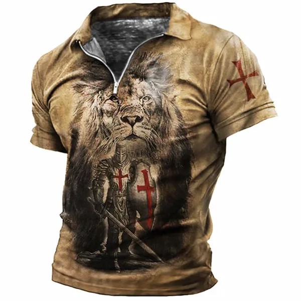 Мужская винтажная футболка-поло с принтом Templar Lion Cross Zip Polo