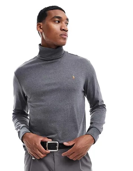 Футболка Polo Ralph Lauren с длинными рукавами из хлопка Pima темно-серого меланжа с логотипом бренда и воротником-стойкой