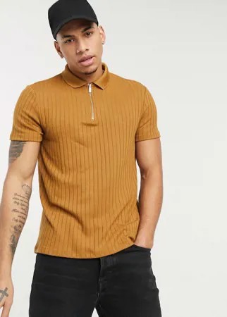 Коричневое поло в широкий рубчик на молнии Burton Menswear-Коричневый цвет