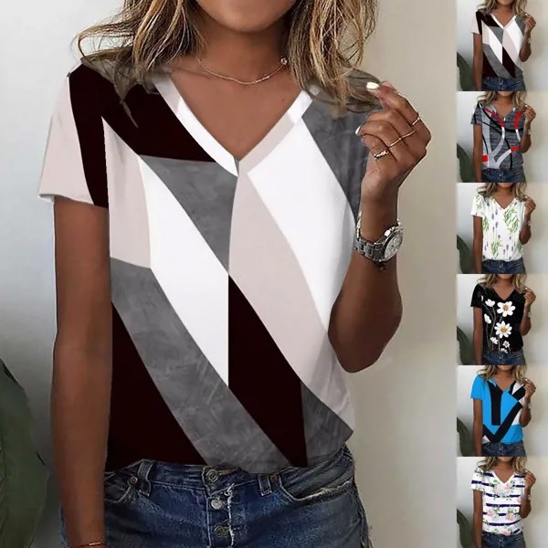 Летняя новая мода женская футболка с коротким рукавом с V-образным вырезом и коротким рукавом S-2XL S-2XL