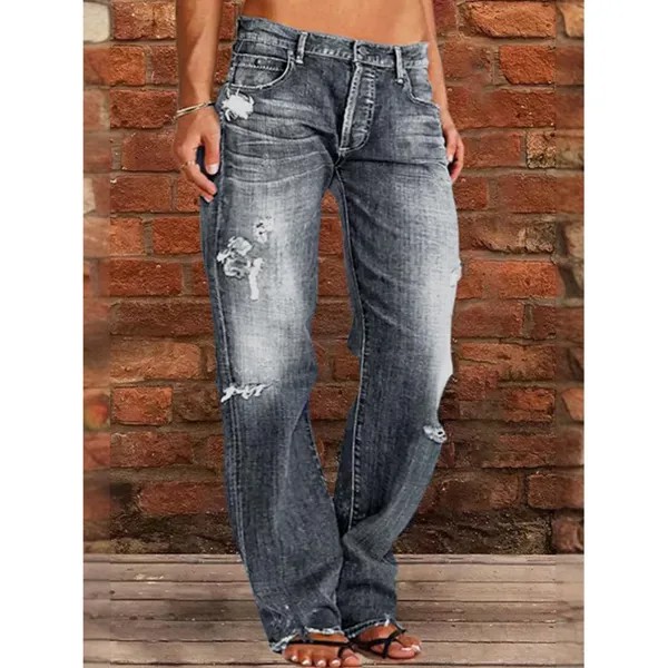 Женские классические однотонные повседневные прямые джинсы с потертостями
