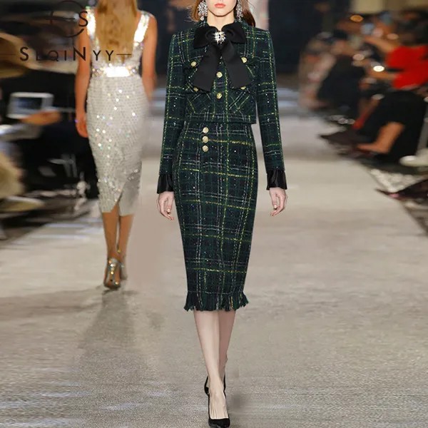 SEQINYY зеленый комплект осень-зима новый модный дизайн женская подиумная Высококачественная куртка с бисером кристаллический бант + юбка-футляр миди в клетку