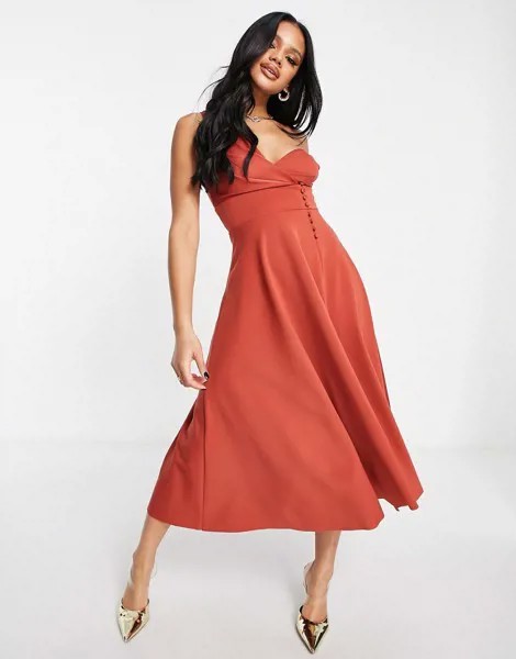 Платье миди рыжего цвета для выпускного с пуговицами ASOS DESIGN-Красный