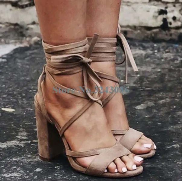 Босоножки на толстом каблуке с перекрестной шнуровкой абрикосового цвета, босоножки из искусственной замши с ремешком на щиколотке, удобная летняя женская обувь для отдыха с открытым носком