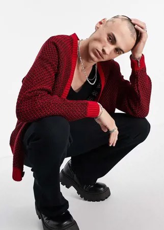 Контрастный вязаный кардиган красного цвета с вафельной текстурой ASOS DESIGN-Красный
