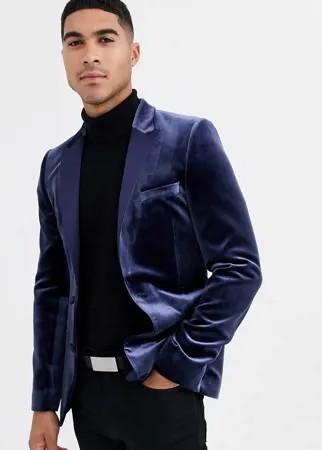 Темно-синий супероблегающий бархатный пиджак-смокинг ASOS DESIGN