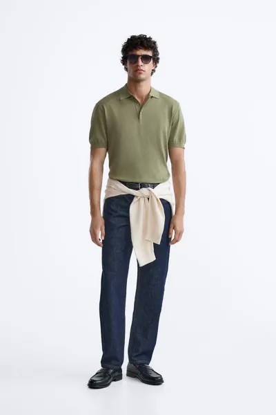 Рубашка-поло с выцветшим воротником из хлопчатобумажной ткани ZARA, мытый зеленый