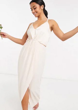 Нежно-розовое атласное платье макси с халтером TFNC Petite Bridesmaid-Белый