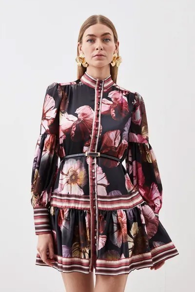 Тканое мини-платье с поясом и цветочным принтом Karen Millen, мультиколор
