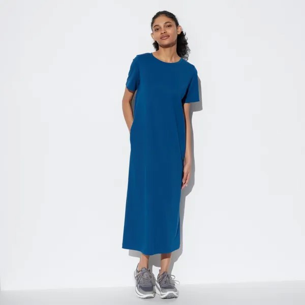 Платье-бюстгальтер из хлопка AIRism (с коротким рукавом) (стандартная длина 116,5-126см) UNIQLO, синий