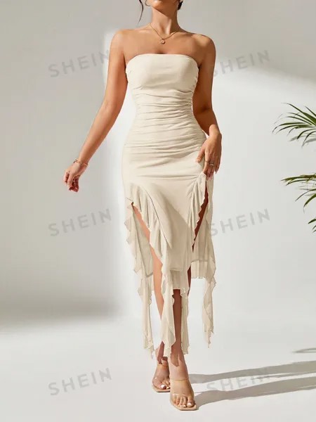 Платье-труба Shein Petite с разрезом до бедра, абрикосовый