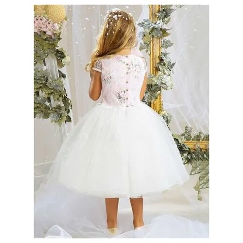 Праздничное платье с пышной юбкой и розой, Маленькая Леди, 513/1-117-ВХА-Н (110 белый/нежно-розовый)