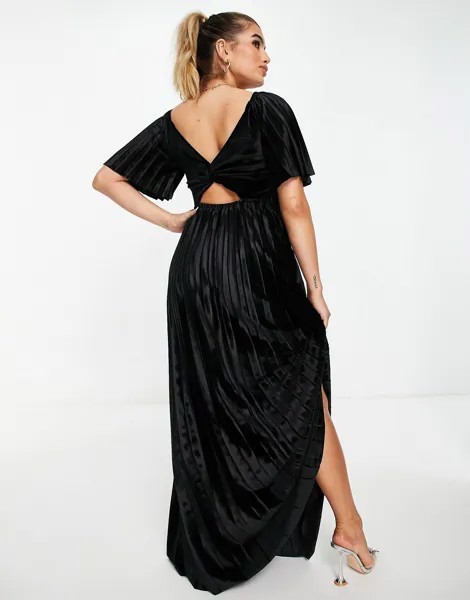Черное бархатное платье макси с завышенной талией и складками на спине ASOS DESIGN