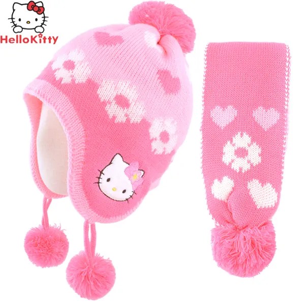 Детская шапка и шарф Hello Kitty, комплект из двух предметов, вязаная шапка для девочек и девочек на осень/зиму, для школьников и принцесс
