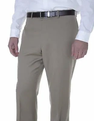 Однотонные камвольные шерстяные классические брюки с отделкой Tommy Hilfiger цвета хаки и плоской передней частью